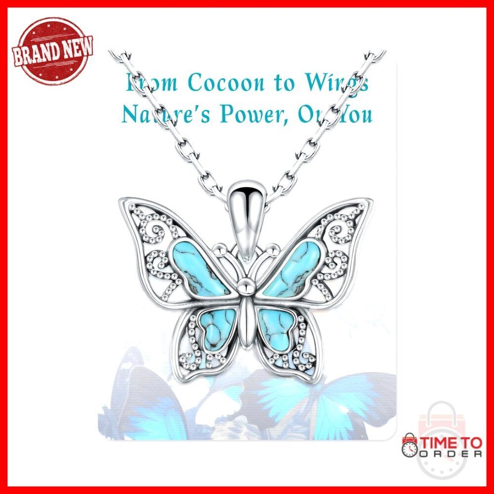 925 Sterling Silver Turquoise Butterfly Pendant Necklace Vintage Gift